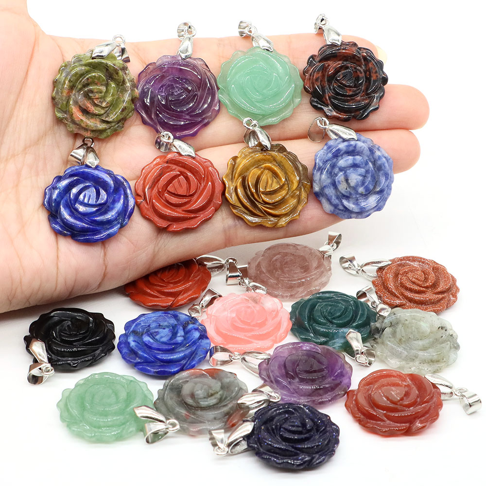 Crystal Pendant Necklace Natural Stone - 1'' Róża z Kamienia Naturalnego Kryształ